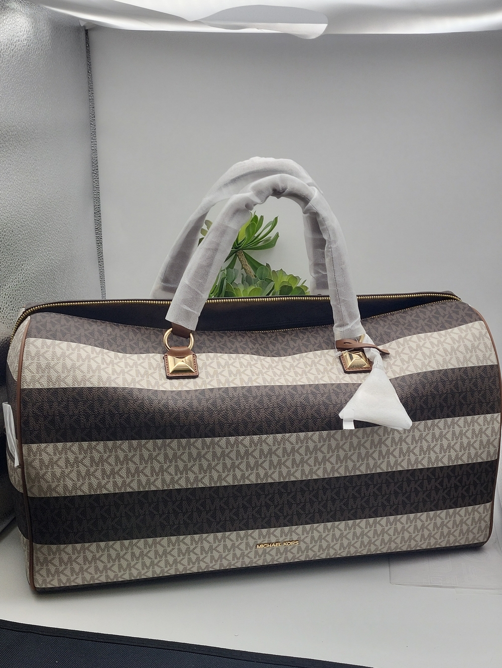 Michael Kors Beige and Brown Striped MK Logo Duffel